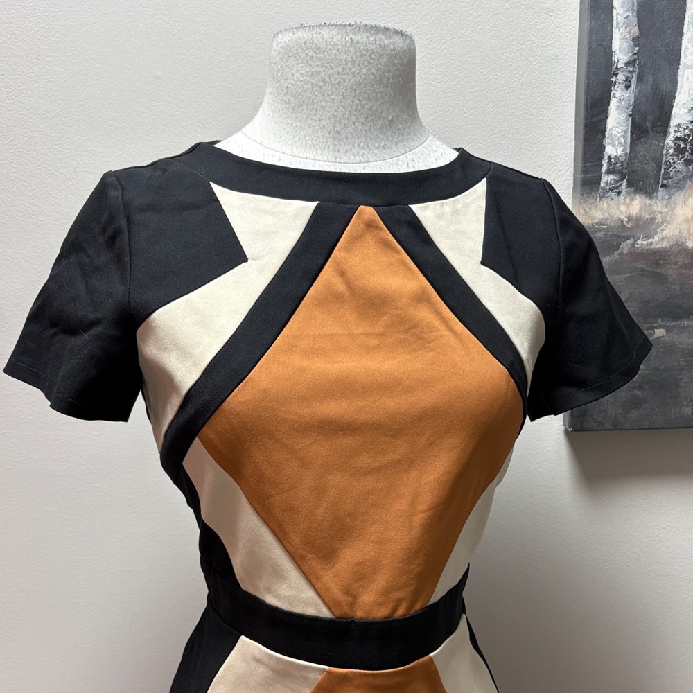 Paper Doll Geometric Mini Dress in Black, Cream, and Tan - Picture 2 of 7